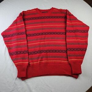 Lake Harmony Mens Vintage Red Striped Geometric Abstract 90s Knit Sweater L USA